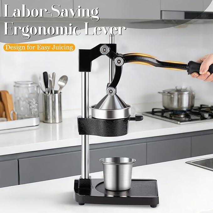 Cast Iron Manual Juicer Hand Press, Lemon Squeezer, Commercial-Grade Citrus Press Suitable for Oranges, Lemons, Limes, and Pomegranates Easy to Clean Includes Stainless Steel Cup, Black