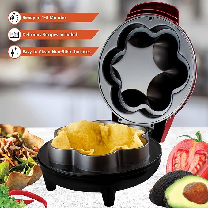 Brentwood TS-257R TS-257R 10-In. 750-Watt Electric Tortilla Taco Bowl Maker for Tostadas, Salads, Appetizers, Dips, and More, Red