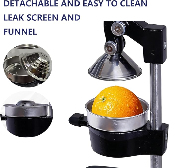 Manual Cast Iron Citrus Juicer Countertop Dual material replaceable accessories - Heavy Duty Hand Press Squeezer for Fresh Orange Lemon Juice, Commercial & Home Use, Easy to Clean, Black