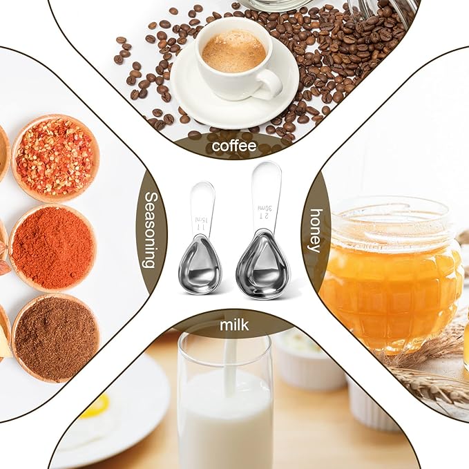 Safring Stainless steel coffee scoop 2-piece set (1 tbsp, 2 tbsp) durable Tablespoon, ergonomic measuring spoon, Suitable for small and large jars，short-handled spoon (Silver)