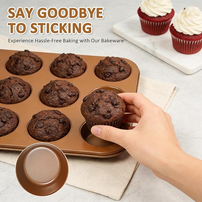 10PCS Nonstick Baking Pans Set - Bakeware Sets for Cooking, Oven and Dishwasher Safe, Non Toxic, Includes Cookie Sheets for Baking, Muffin Pan, Bread Pan, Cake pan, Loaf Pan, Roasting Pan Gold