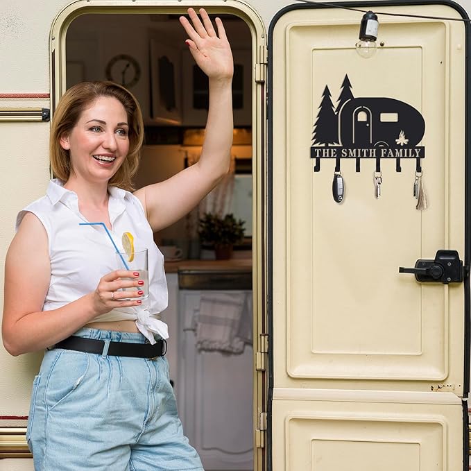 Personalized Camper Key Holder for Wall Custom Key Rack with Hooks RV Key Hanger for Entryway Camper Wall Decor Custom Name Key Organizer