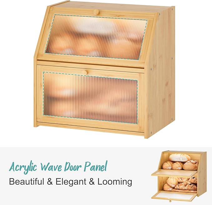 Extra Large Bread Box for Kitchen Counter, Bamboo Wood Double Layer Bread Box for Kitchen Counter, Wooden Capacity Bread Storage Bin