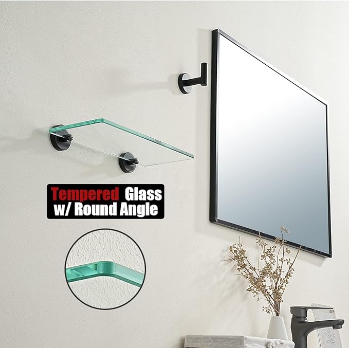 JQK Bathroom Glass Shelf Black, Tempered Glass Shower Storage 12 by 5 inches, 304 Stainless Steel Matte Black Wall Mount, TGS101L12-PB