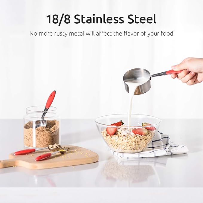 U-Taste 18/8 Stainless Steel Measuring Cups and Spoons (Set of 10, Red), and 18/10 Stainless Steel Balloon Whisk for Kitchen Cooking with 12 Flex Wires (Red)