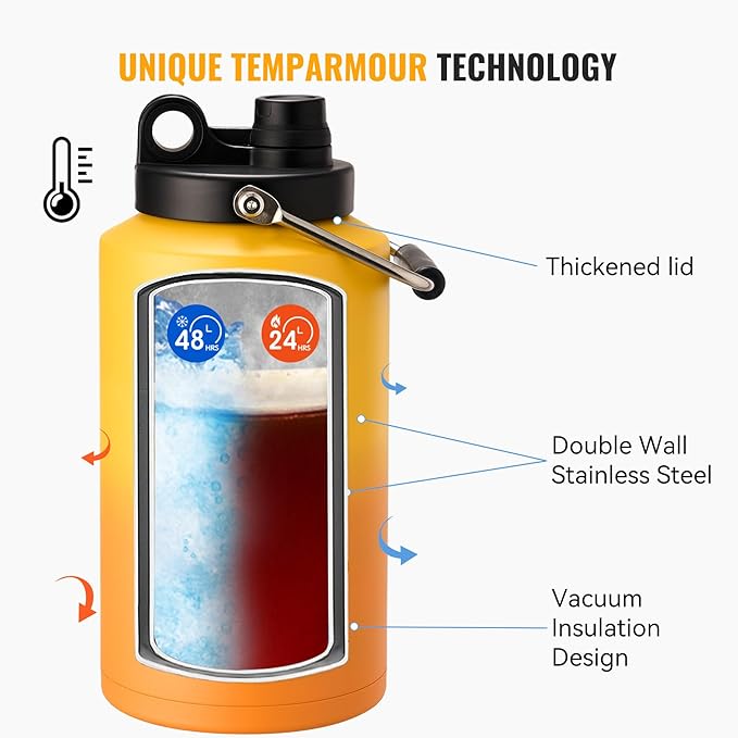 Kerilyn Insulated Gallon Jug with Handle, One Gallon, 128oz Stainless Steel, Large Double Vacuum Water Bottle for Hot & Cold Drinks, Wide Mouth, Sweat Proof, Great for Travel, Camping, Orange