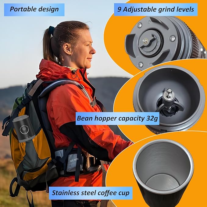Portable Electric Coffee Grinder and Brewing Kit, Rechargeable, Conical Burr Mini Coffee Grinder with Filter, 32g Capacity & Coffee Cup for Camping, Travel, Office, Espresso, Pour Over, etc (Black)