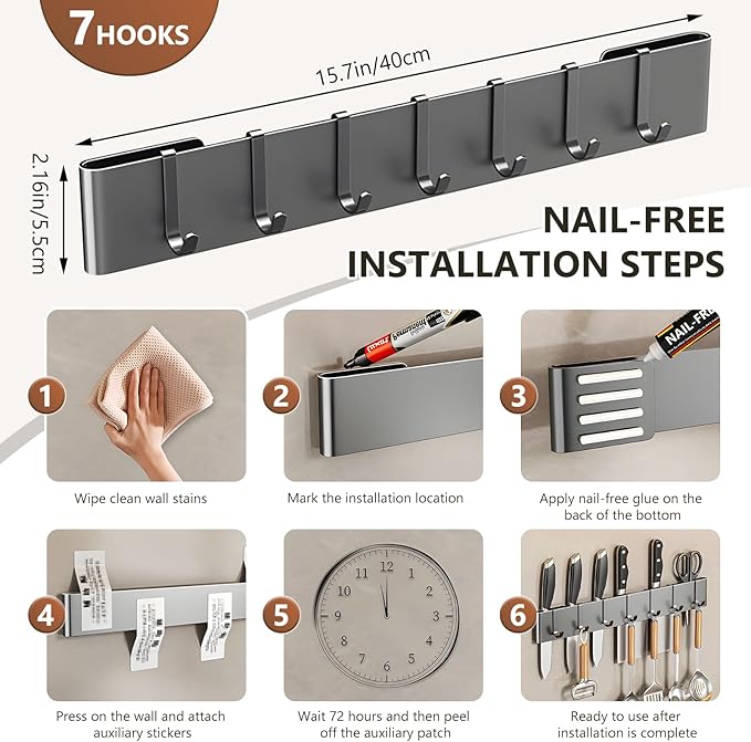 Kitchen Utensil Hanger: Wall Mount Holder Hanging Rack,7 Hooks Utensil Racks,No Drilling for Kitchen,Pantry,Bathroom,Livingroom 15.75 Inch (Dark Gray)