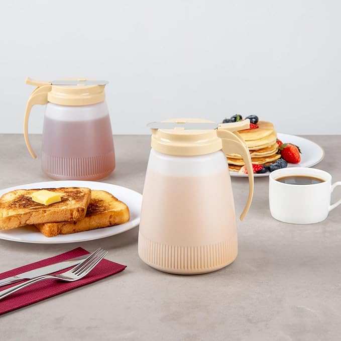 Restaurantware-Chef 101 48 Ounce All Purpose Syrup Dispenser, 1 Honey Dispenser - Beige Top, Stainless Steel Slide Cover, Plastic Pancake Syrup Bottle, Perfect For Diners, Restaurants, Home
