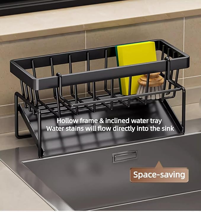 Carbon Steel Kitchen Sink Caddy, Sponge Holder Self Drain Soap Dish with Detachable Dishcloth Rack for Kitchen Countertop Organizer, Black