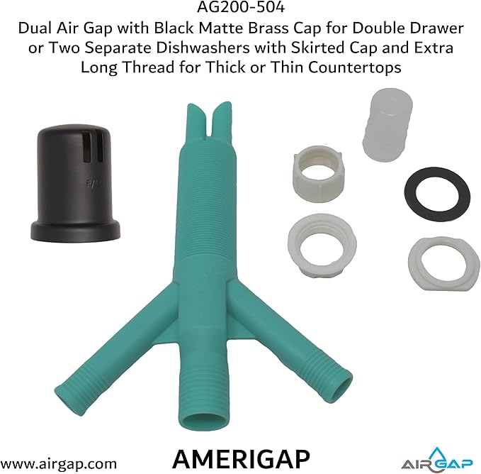 Dual Air Gap with Black Matte Brass Cap for Double Drawer or Two Separate Dishwashers with Skirted Cap and Extra Long Thread for Thick or Thin Countertops (AG200-504, AG200-X04, AMERIGAP)