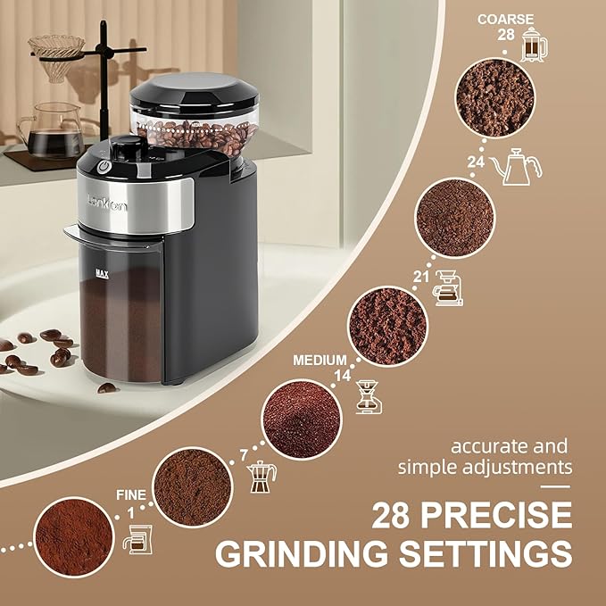 Lonkion Burr Coffee Grinder - Electric Coffee Bean Grinder with 28 Adjustable Grind Settings For 2-12 Cups - Adjustable Coffee Grinders for Home Use - Easy to Use - Stainless Steel