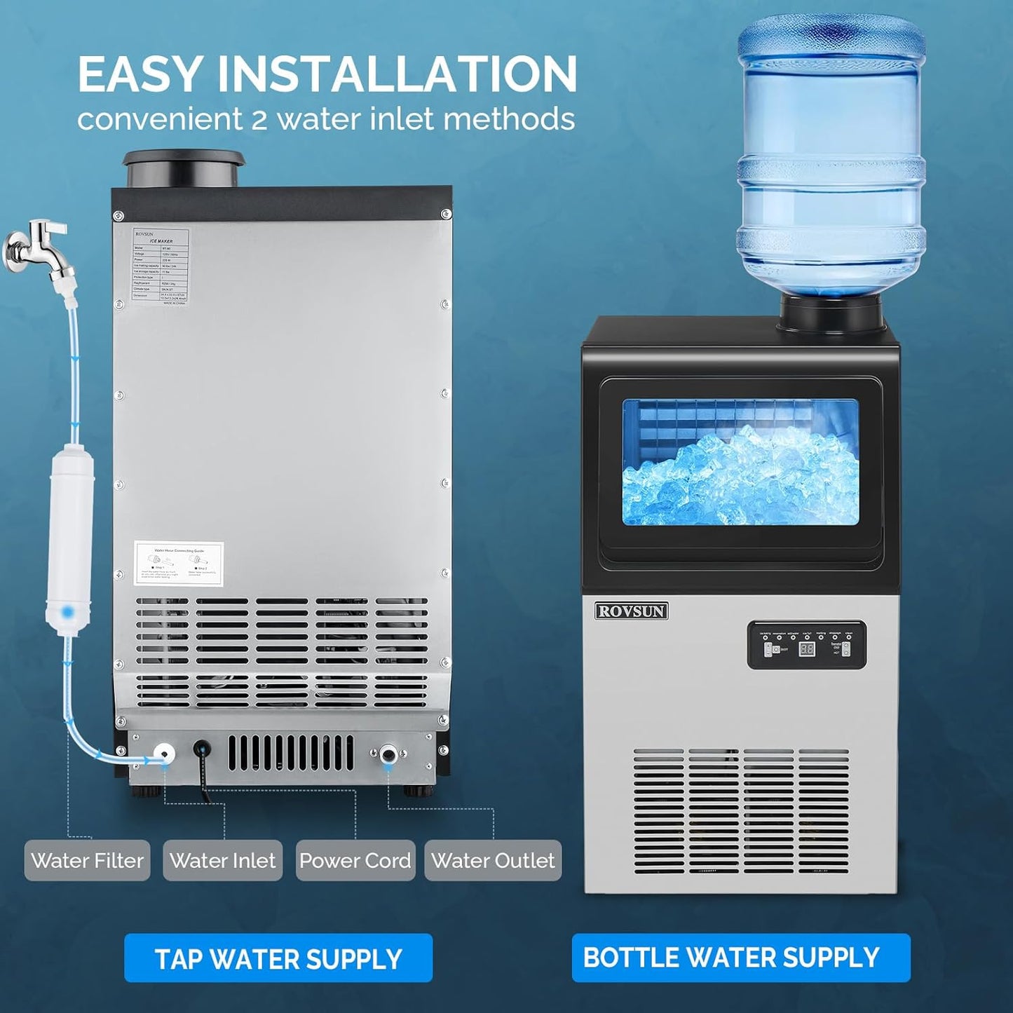 ROVSUN 90LBS/24H Ice Maker Machine with 2 Water Inlets, Freestanding & Countertop Ice Machine with 11lbs Storage Bin, Ice Scoop & Water Filter for Home Office Light Commercial Restaurant Bar Cafe Use
