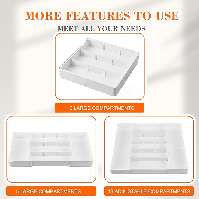 Briwooody 2 Pcs Large Expandable Acrylic Drawer Organizers, Grid Adjustable Drawer, Dividers Organizer for Desk, Makeup, Jewelry, Office, Kitchen Supplies (White,13 Compartments)