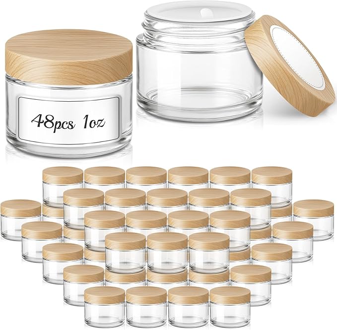 1 oz Glass Jars with Plastic Woodgrain Lids, Bumobum 48 pack Round Clear Cream Jars with Black and White Labels & Inner Liners, Empty Cosmetic Containers for Cream, Lotion, Ointment
