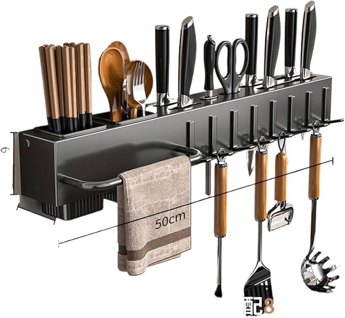 New Multi-Functional Kitchen Rack Home Wall-Mounted Knives Chopstick and Spoon Storage Rack Punch-Free cookware draining Rack, 50, Black