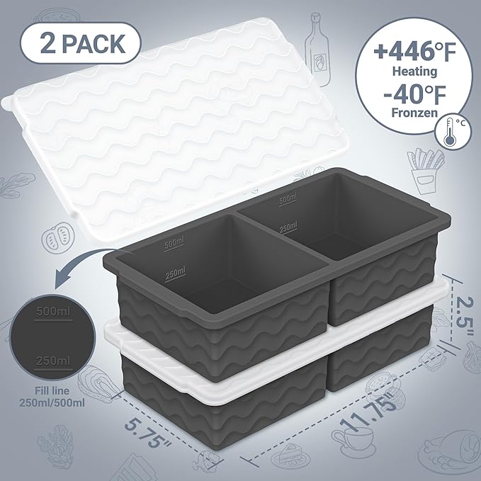 Aopigavi Silicone Freezer Tray with Lid – 2-Cup Soup Freezer Container Molds, Large Ice Cube Trays for Freezing Soup, Sauce & Broth, Meal Prep & Food Storage – Oven & Dishwasher Safe, 2-Pack