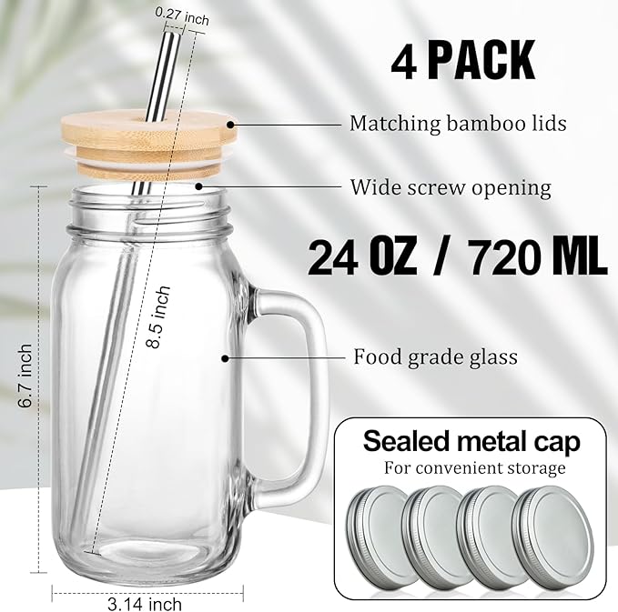 24 oz Mason Jar Cups with Handles, Wide Mouth Iced Coffee Cup with Bamboo Lids & Straws, Large Glass Bottle Mug Drinking Jars Tumbler for Smoothie Cold Water Juice Party Beverages, Set of 4