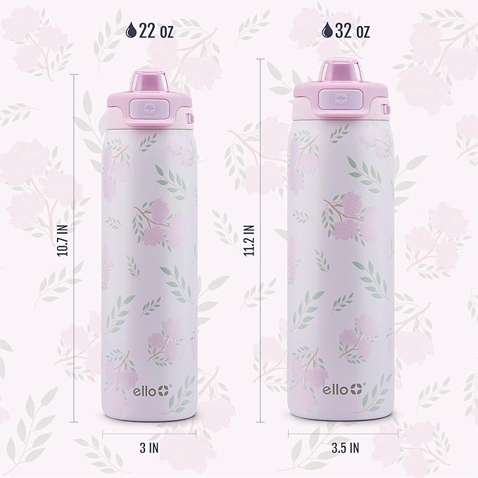Ello Pop & Fill 22oz Stainless Steel Water Bottle with QuickFill Technology, Double Walled and Vacuum Insulated Metal, Leak Proof Locking Lid, Straw and Chug, Reusable, BPA Free, Blossom Bliss