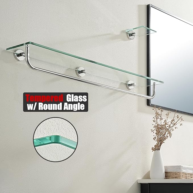 JQK Bathroom Glass Shelf Polished Chome, Shelf with 29 Inch Towel Bar Tempered Glass Shower Storage 30 by 5 inches, 304 Stainless Steel Silver Finish Wall Mount, TGS100L30-CH