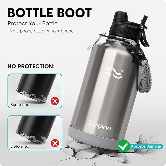 Swigina [2-IN-1 LID] 64 oz Insulated Water Bottle with Silicone Boot (48hrs Cold/24hrs Hot) - DIY Stickers, Leakproof, BPA Free, Half Gallon