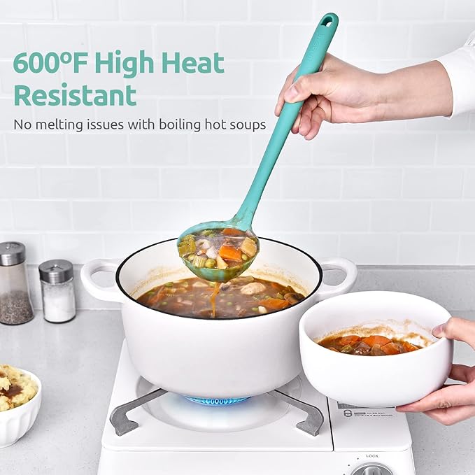 U-Taste 10 Piece Measuring Cups and Spoons Set in 18/8 Stainless Steel, and 600ºF Heat Resistant 13 inch Large Non-Stick Silicone Soup Ladle (Aqua Sky)