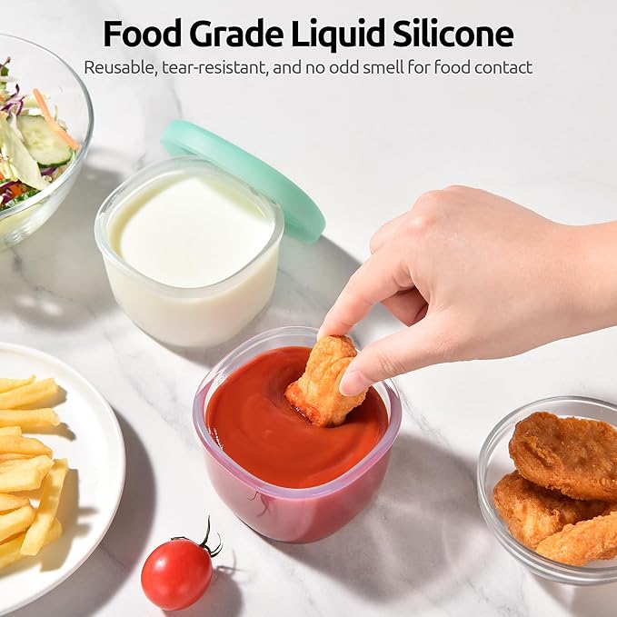 U-Taste 18/8 Stainless Steel Measuring Spoons Set of 6 and 6oz Small Snack Containers Food Grade Liquid Silicone Storage Set of 2 (Aqua Sky)