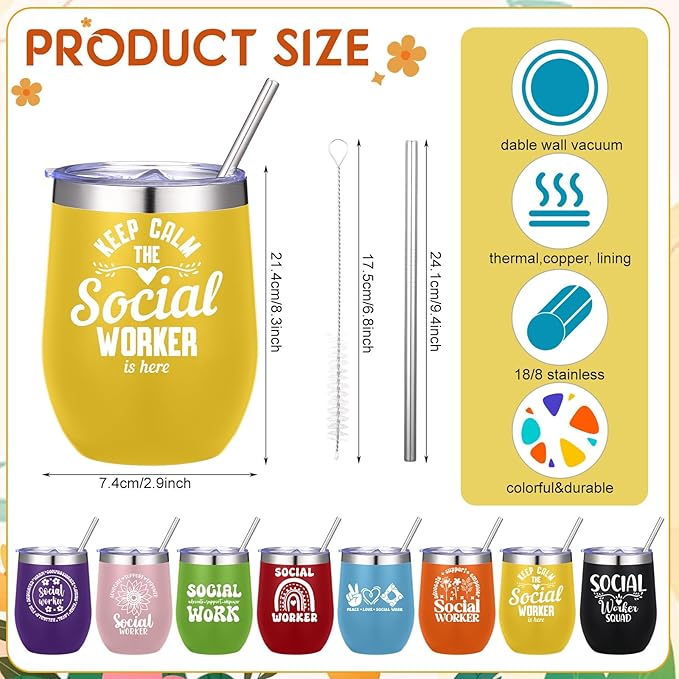 Sliner 8 Pcs Social Worker Tumbler with Lid 12oz Stainless Steel Cups Social Work Week Appreciation Gifts for Women Men Works Practitioner, Birthday Graduation Gift Ideas for BSW MSW DSW