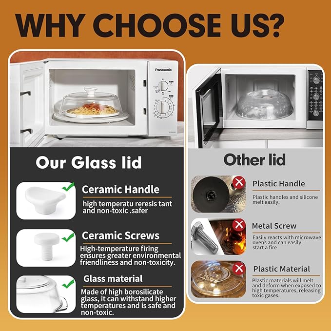 Plastic-free, ACEPRUT New Upgrade Glass Microwave Splatter Cover for Food with Ceramic Handle & Screw, 100% Food Grade, BPA Free, Dishwasher Safe