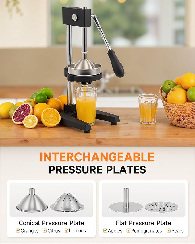 CO-Z Manual Citrus Juicer, Heavy-Duty Manual Juicer with Conical & Flat Pressure Plates, Professional Lemon Squeezer for Orange Pom Lime Lemon Juice, Dishwasher Safe Orange Juice Press, Black