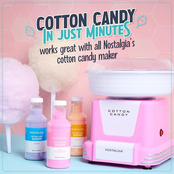 Nostalgia Cotton Candy Flossing Sugar (3-Pack), Grape, Pink Bubble Gum, Orange - Three 16-oz Bottles of Cotton Candy Sugar Mix - 96 Small to Medium Cone Servings