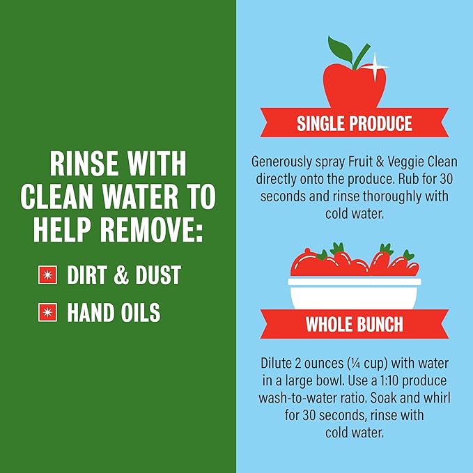 Rebel Green Fruit & Veggie Clean - Plant-Based Produce Cleaner - Natural Fruit and Vegetable Wash with No Aftertaste - Dirt & Grime Removal - Made with Organic Extracts of Citrus - 16 FL OZ