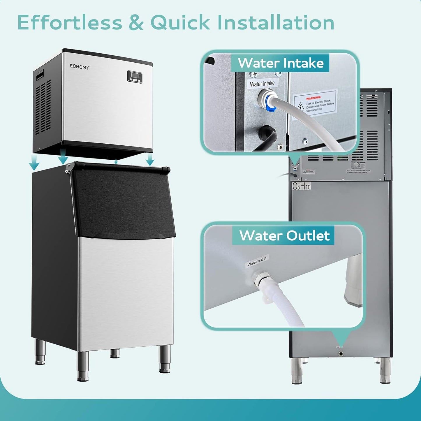 EUHOMY Commercial Ice Maker Machine 500Lbs/24H, SECOP Compressor&ETL Approval, Industrial Ice Machine, 250Lbs Storage, Ice Ready in 8-15 min, Stainless Steel Ice Maker for Bar/Cafe/Restaurant/Business