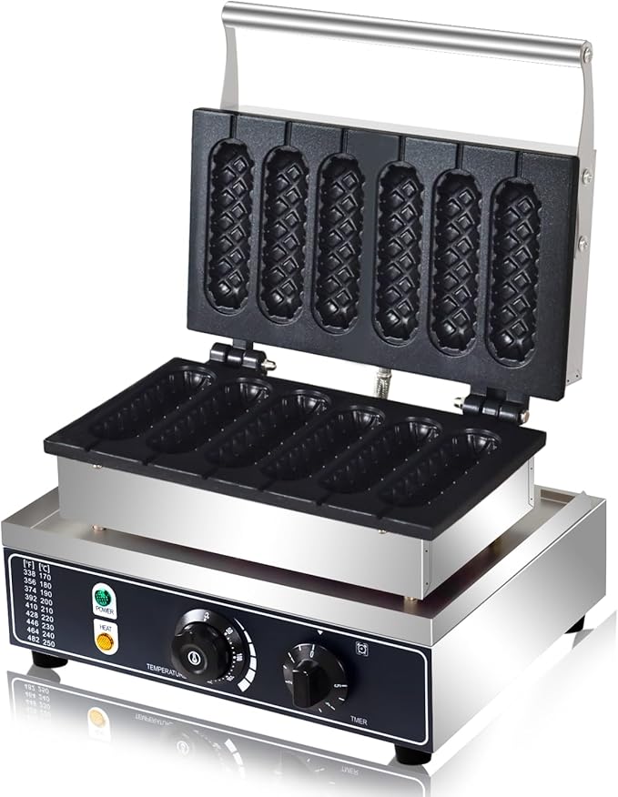 Commercial Corn Dog Waffle Maker,1600W Lolly Stick Waffle Maker,6 Slice Non-Stick,Stainless Steel Corn Hot Dog Waffle Iron with Temp and Time Control, for Restaurant Bakery Snack Bar Family.