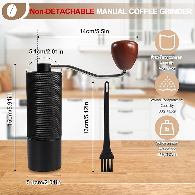 Non-Detachable Manual Coffee Grinder with 25 Level Stainless Steel Conical Burr Portable Aluminum Coffee Bean Grinder Gift Set Suitable for Moka Pot Espresso Pour Over Easy Cleaning with Brush