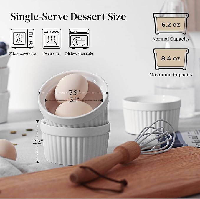 DOWAN Ramekins 6 oz Oven Safe for Creme Brulee Souffle, Porcelain Ramekin for Baking, Classic Style Small Bowls Souffle Dishes Custard Cups for Dipping Sauce, Set of 6, Soft White