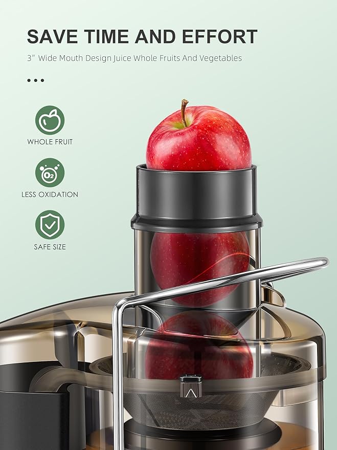 QCen Juicer Machine, 800W Centrifugal Juicer Extractor with 3” Wide Mouth Feed Chute for Fruits & Vegetables, Easy to Clean, Stainless Steel, BPA-Free