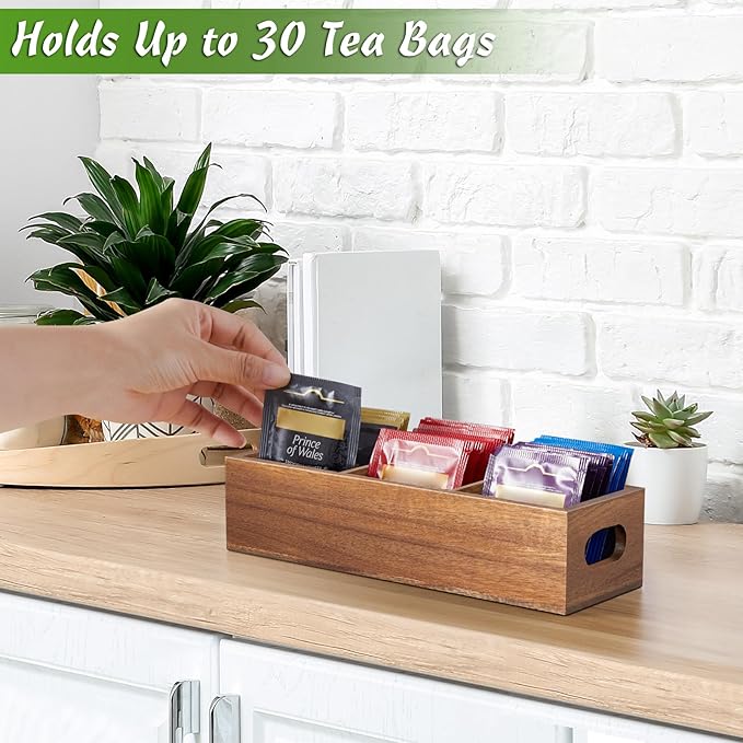 DRASTAR Tea Bag Organizer, Acacia Tea Bag Holder, Tea Storage Containers with 3 Slots, Wooden Tea Storage Accessories, Mini Tea Bag Caddy Box for Countertop