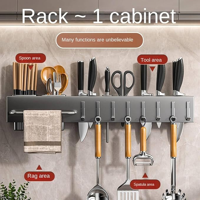 New Multi-Functional Kitchen Rack Home Wall-Mounted Knives Chopstick and Spoon Storage Rack Punch-Free cookware draining Rack, 50, Black