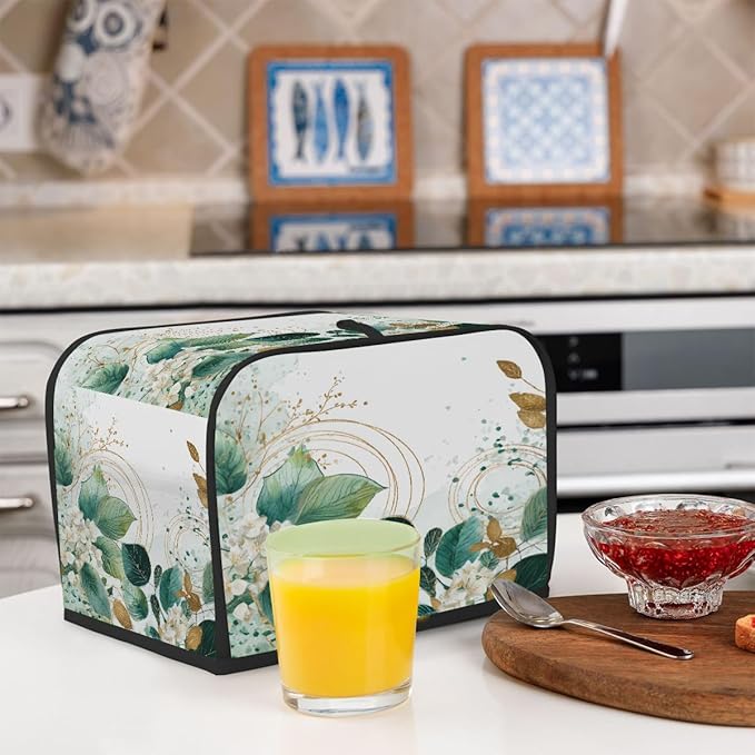 2 Slice Toaster Cover,Sage Green Eucalyptus Leaves Floral Gold Line Small Kitchen Appliance Bread Machine Cover with Pockets,Dust & Fingerprint Protection