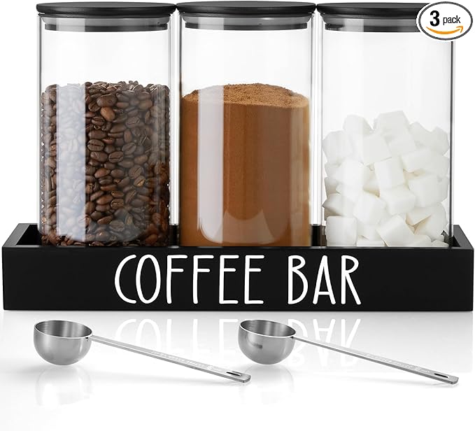 Glass Coffee Canister for Ground Coffee - 3Pcs 45oz Coffee and Sugar Container Set with Airtight Bamboo Lids and Black Tray - Farmhouse Coffee Bean Storage Jars for Coffee Bar Decor and Accessories