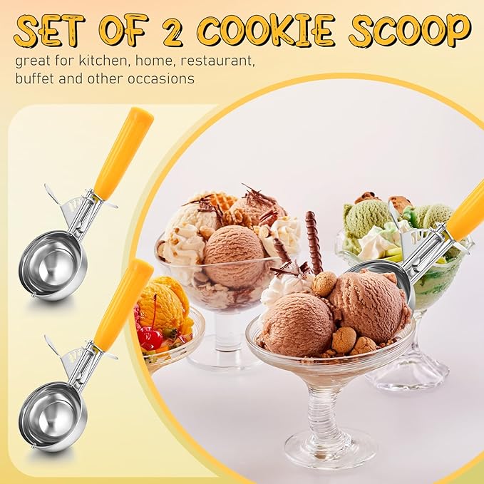 Reallnaive 2 Pcs Release Cookie Scoops Ice Cream Scooper with Trigger Release Portion Scoop Stainless Steel for Portion Control, Baking Food, Cookie Dough (1.6 oz,Yellow)