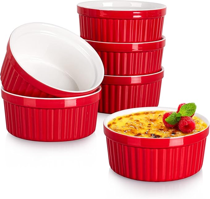 DELLING 12 oz Ramekins Set of 6 - Porcelain Creme Brulee Oven Safe Souffle Dishes, Ceramic Custard Cups for Baking, French Onion Soup Bowls - Red Ramekin Dessert Bowls, Dishwasher Microwave Safe