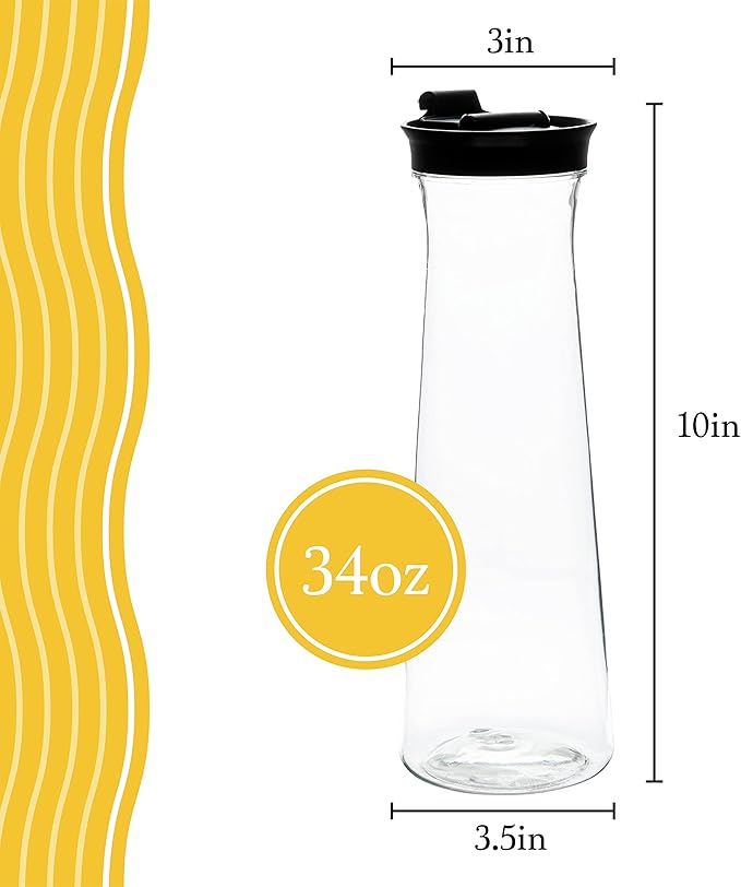 Clear Plastic Water Pitchers Carafes with Flip top Black Lids 34 OZ Heavy Duty Beverage Pitcher Jug for Juice or iced Coffee Great for Mimosa bar Restuarants ot Schools Pack of 4