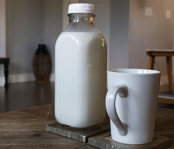 The Dairy Shoppe Glass Milk Bottle, Heavy Glass with Extra Lid, Creamery Style (4, Liter)