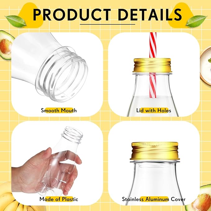 Yinkin 20 Set 10 oz Plastic Milk Bottles with Straws Metal Lids Clear Plastic Containers for Dairy Milk Party Bottle for Juices Shakes Smoothies(Red, White)