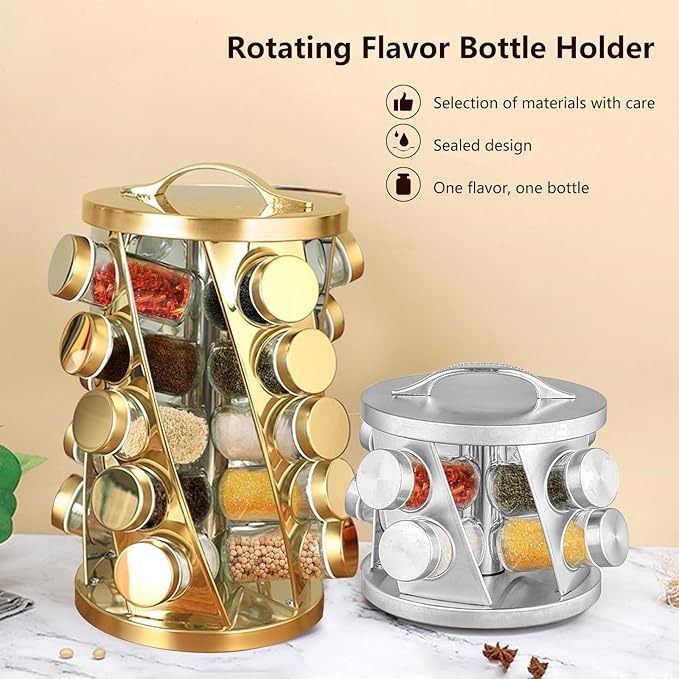 Portable Stainless Steel Spice Rack with 16 Spice Jars Included Revolving Spice Organizer for Kitchen Tower Storage Rack for Spices and Seasoning Silver