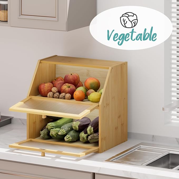 Extra Large Bread Box for Kitchen Counter, Bamboo Wood Double Layer Bread Box for Kitchen Counter, Wooden Capacity Bread Storage Bin