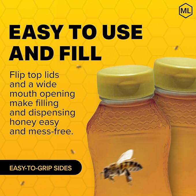 Mann Lake Refillable Hourglass Honey Jars | 8 oz Plastic Containers with Yellow Flip-Top Lids | Empty Bottles for Honey Storage & Dispensing | 24-Pack (Honey Not Included)
