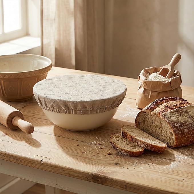 100% Pure Linen Bowl Covers For Bread Proofing, 2 Pcs 8 Inches Elastic Reusable Bowl Covers Large Ticking Striped Cloth Fabric Stretch Sourdough Lids